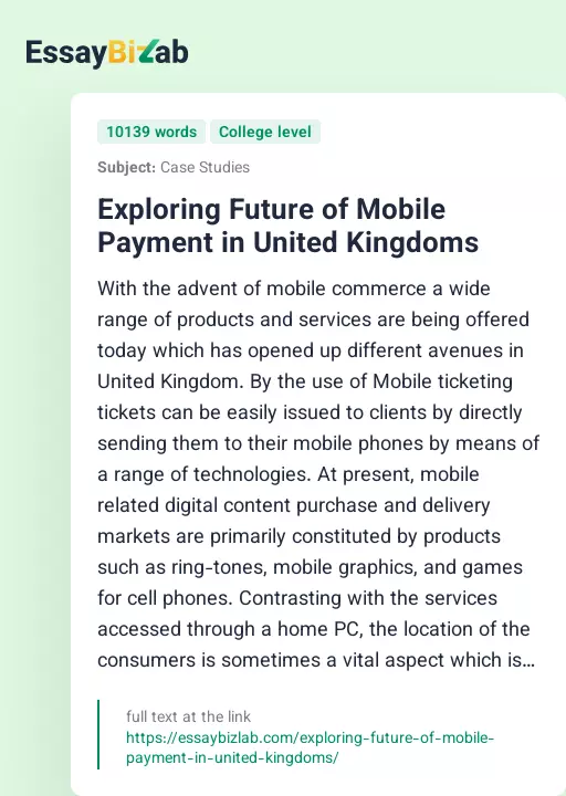 Exploring Future of Mobile Payment in United Kingdoms - Essay Preview