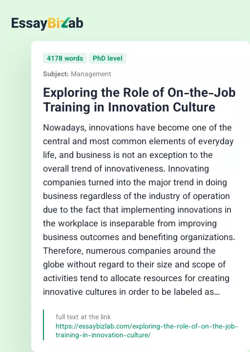 Exploring the Role of On-the-Job Training in Innovation Culture - Essay Preview