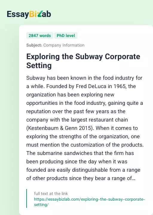 Exploring the Subway Corporate Setting - Essay Preview