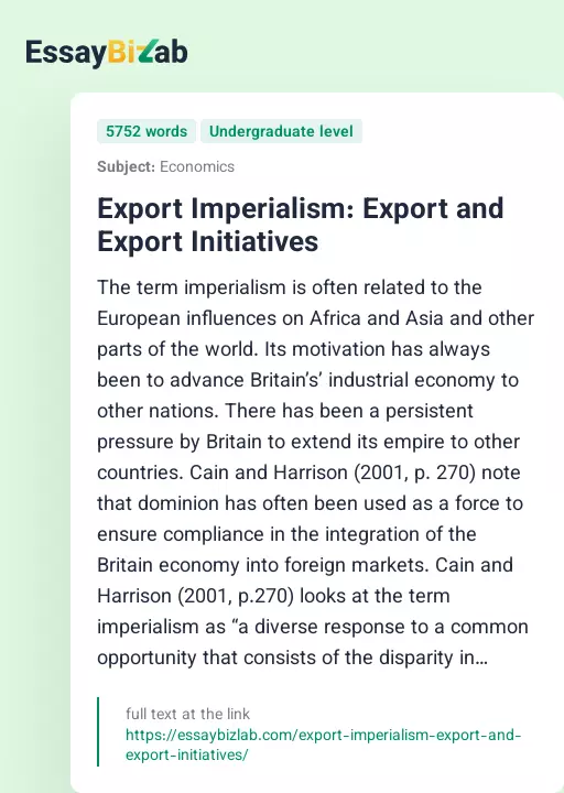 Export Imperialism: Export and Export Initiatives - Essay Preview