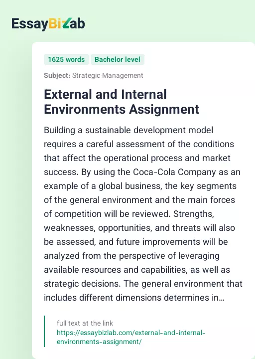 External and Internal Environments Assignment - Essay Preview