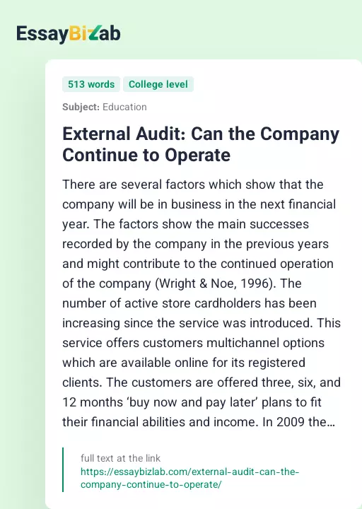 External Audit: Can the Company Continue to Operate - Essay Preview