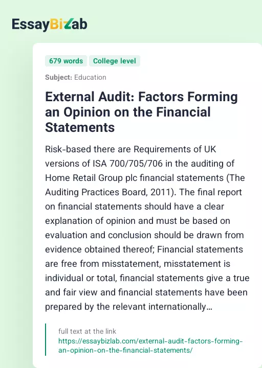 External Audit: Factors Forming an Opinion on the Financial Statements - Essay Preview