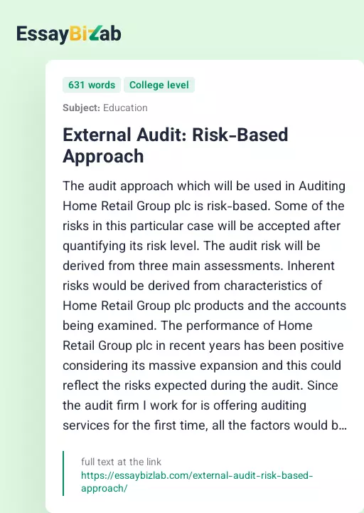 External Audit: Risk-Based Approach - Essay Preview
