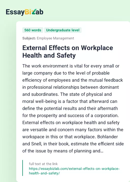 External Effects on Workplace Health and Safety - Essay Preview