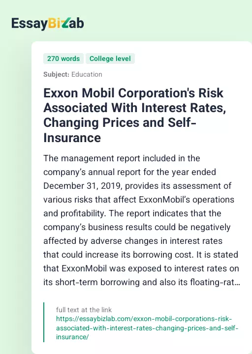 Exxon Mobil Corporation's Risk Associated With Interest Rates, Changing Prices and Self-Insurance - Essay Preview