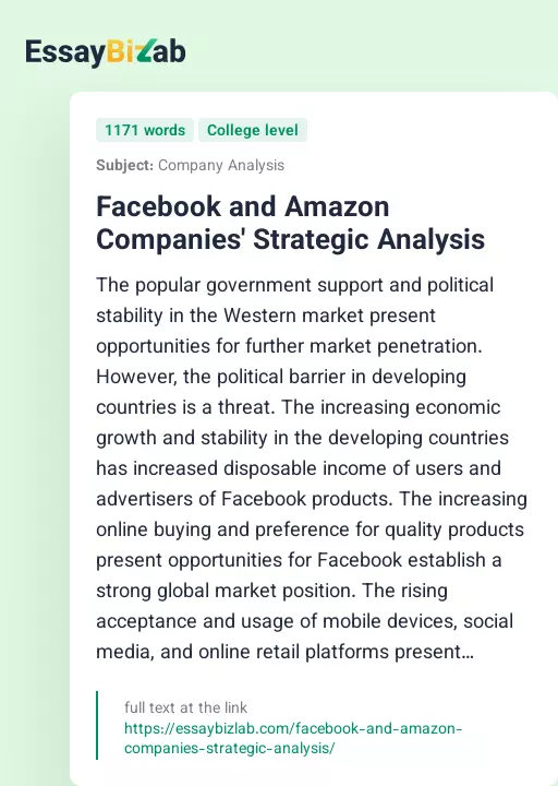 Facebook and Amazon Companies' Strategic Analysis - Essay Preview
