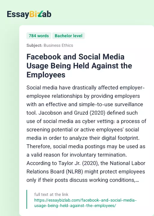 Facebook and Social Media Usage Being Held Against the Employees - Essay Preview