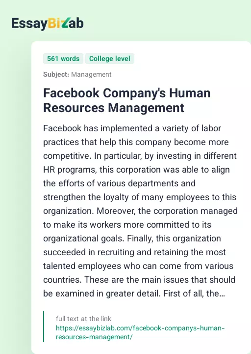 Facebook Company's Human Resources Management - Essay Preview