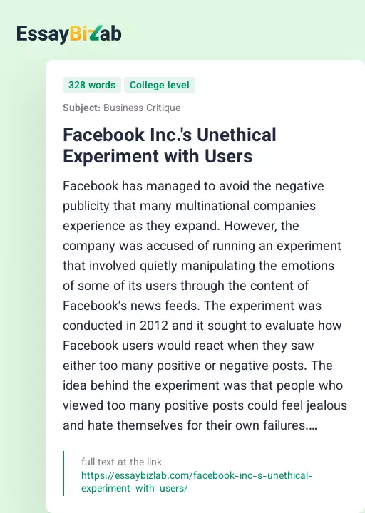 Facebook Inc.'s Unethical Experiment with Users - Essay Preview