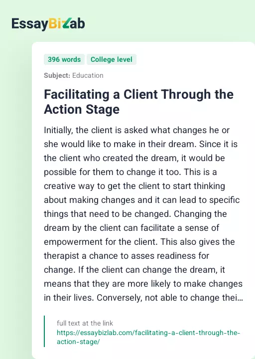 Facilitating a Client Through the Action Stage - Essay Preview