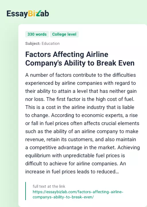 Factors Affecting Airline Company's Ability to Break Even - Essay Preview