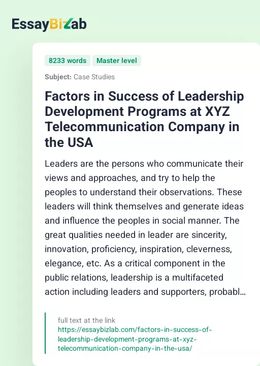 Factors in Success of Leadership Development Programs at XYZ Telecommunication Company in the USA - Essay Preview