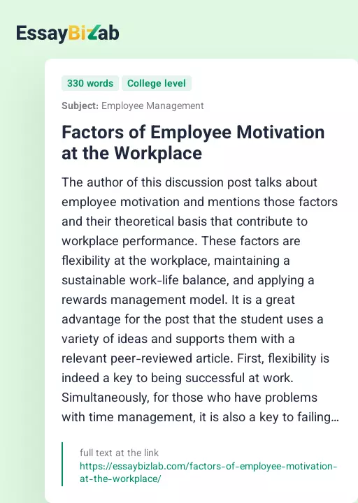 Factors of Employee Motivation at the Workplace - Essay Preview
