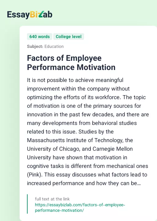 Factors of Employee Performance Motivation - Essay Preview