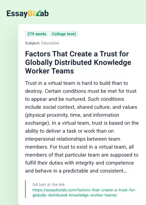 Factors That Create a Trust for Globally Distributed Knowledge Worker Teams - Essay Preview