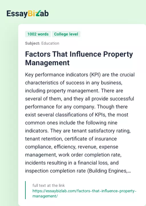 Factors That Influence Property Management - Essay Preview