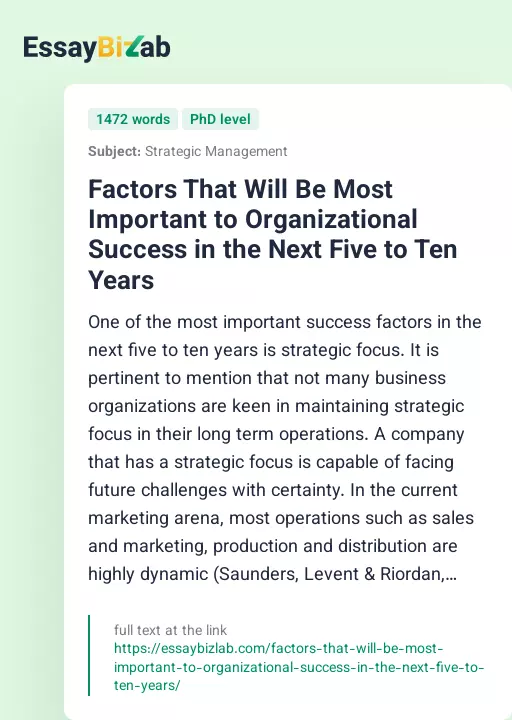 Factors That Will Be Most Important to Organizational Success in the Next Five to Ten Years - Essay Preview
