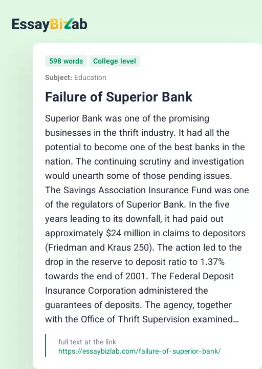 Failure of Superior Bank - Essay Preview