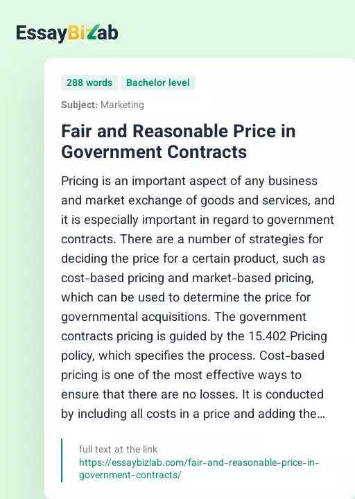 Fair and Reasonable Price in Government Contracts - Essay Preview