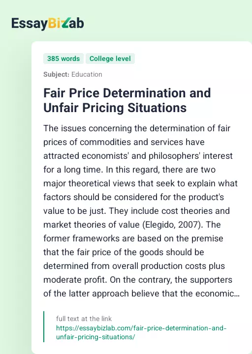 Fair Price Determination and Unfair Pricing Situations - Essay Preview