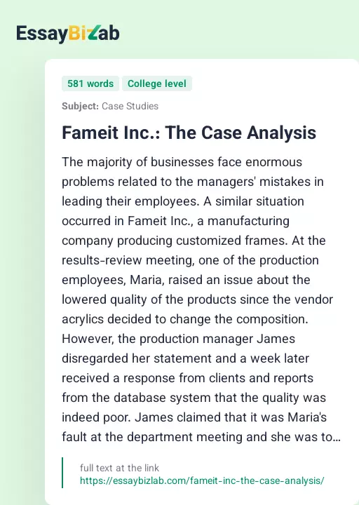 Fameit Inc.: The Case Analysis - Essay Preview