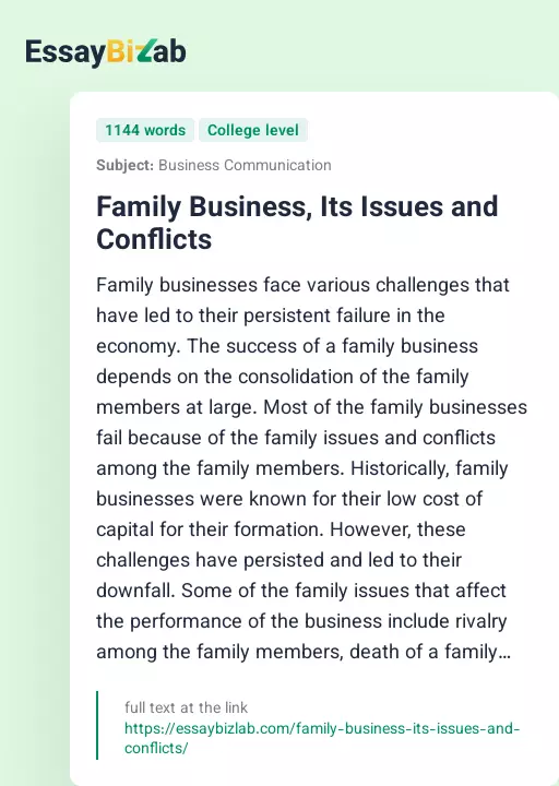 Family Business, Its Issues and Conflicts - Essay Preview