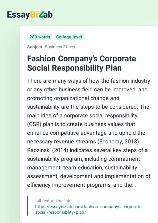 Fashion Company's Corporate Social Responsibility Plan - Essay Preview