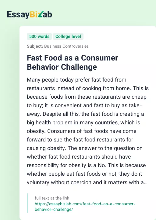 Fast Food as a Consumer Behavior Challenge - Essay Preview