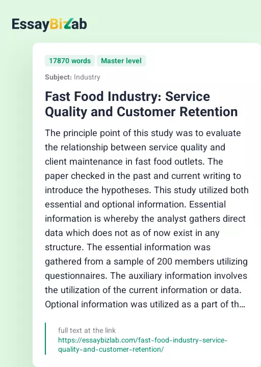 Fast Food Industry: Service Quality and Customer Retention - Essay Preview