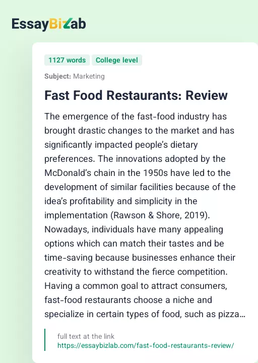 Fast Food Restaurants: Review - Essay Preview