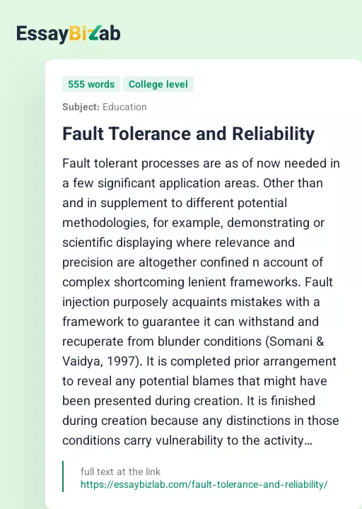 Fault Tolerance and Reliability - Essay Preview