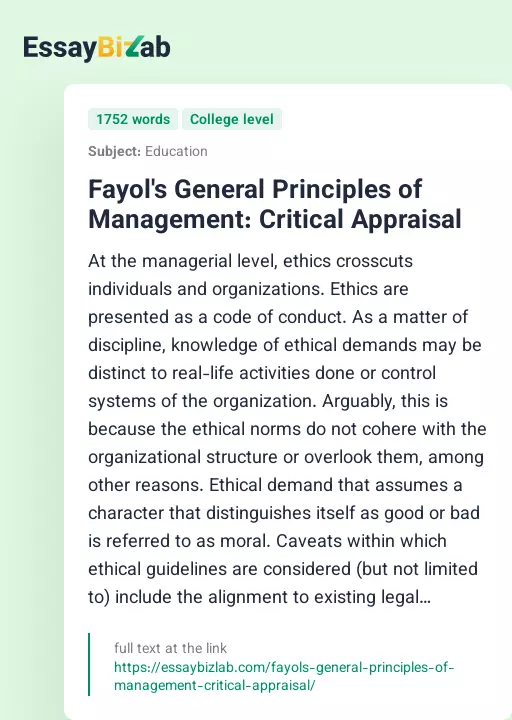 Fayol's General Principles of Management: Critical Appraisal - Essay Preview