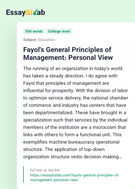 Fayol's General Principles of Management: Personal View - Essay Preview