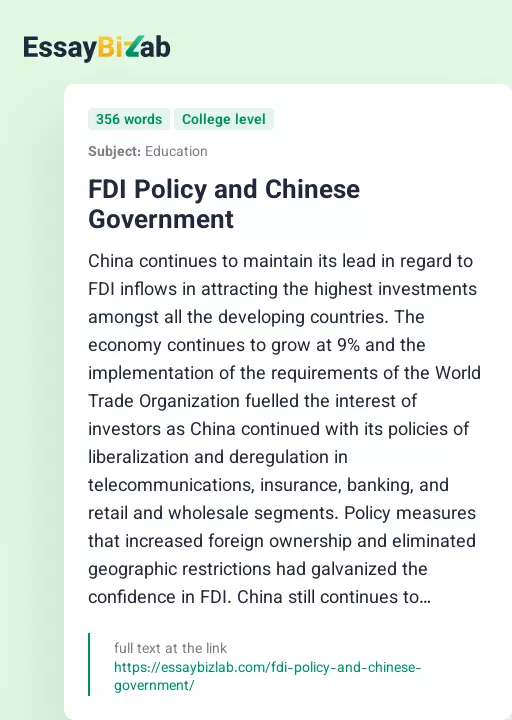 FDI Policy and Chinese Government - Essay Preview