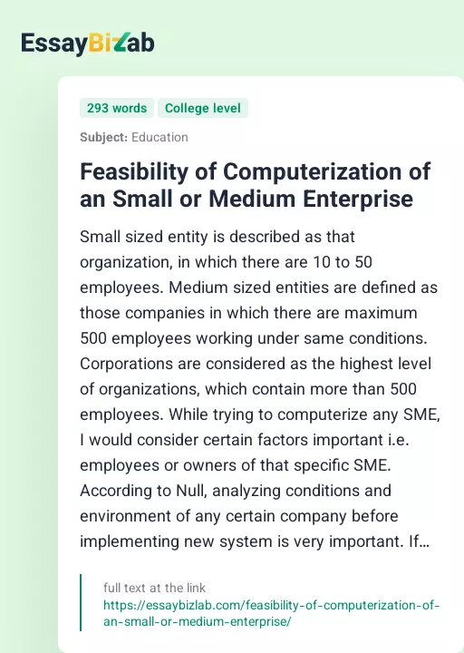 Feasibility of Computerization of an Small or Medium Enterprise - Essay Preview