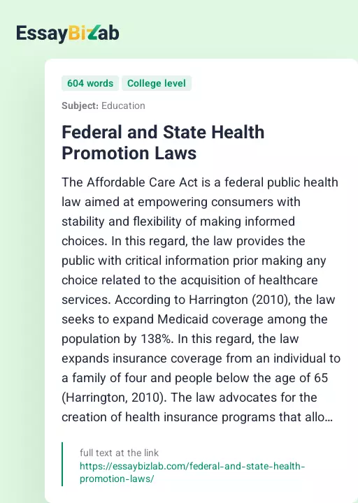 Federal and State Health Promotion Laws - Essay Preview