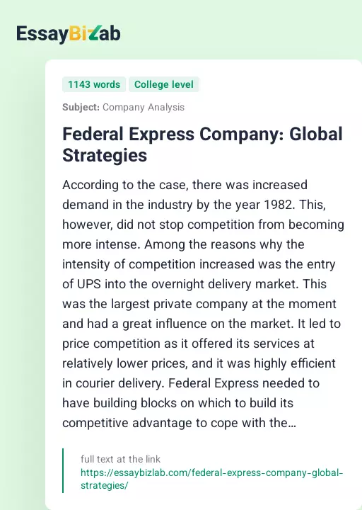 Federal Express Company: Global Strategies - Essay Preview