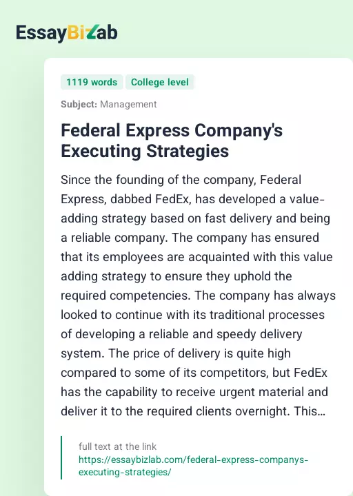 Federal Express Company's Executing Strategies - Essay Preview