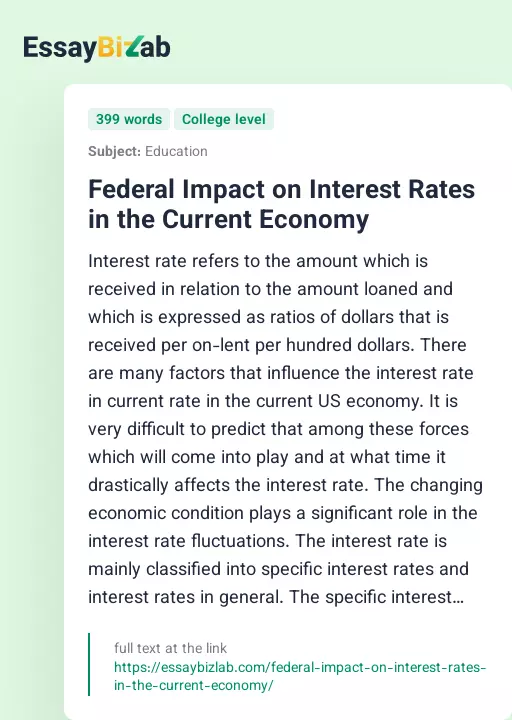 Federal Impact on Interest Rates in the Current Economy - Essay Preview