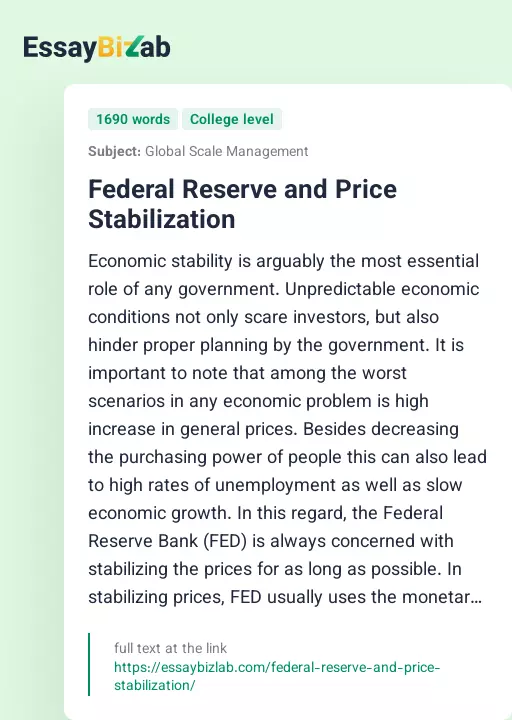 Federal Reserve and Price Stabilization - Essay Preview