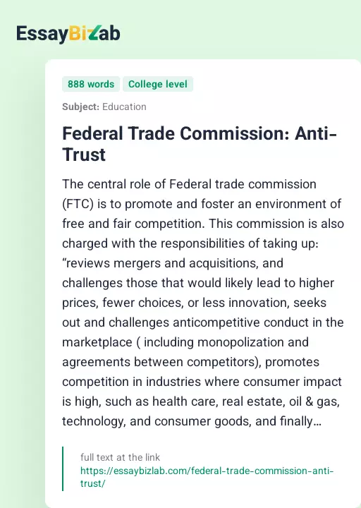 Federal Trade Commission: Anti-Trust - Essay Preview