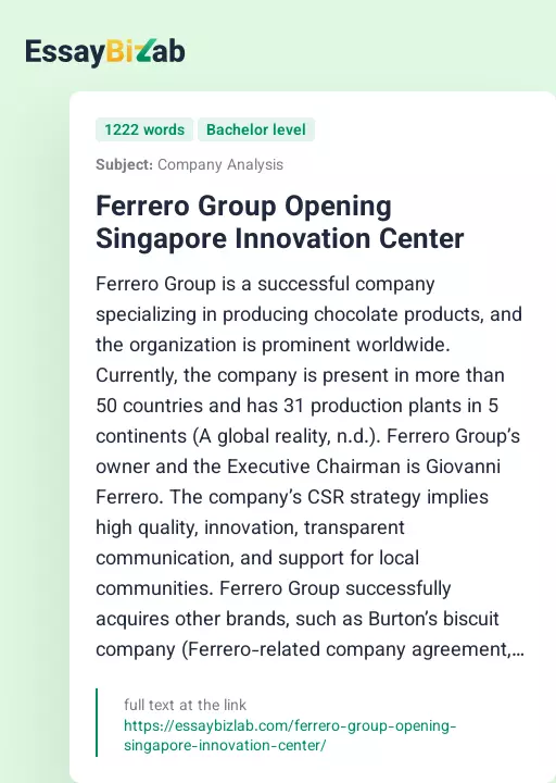 Ferrero Group Opening Singapore Innovation Center - Essay Preview