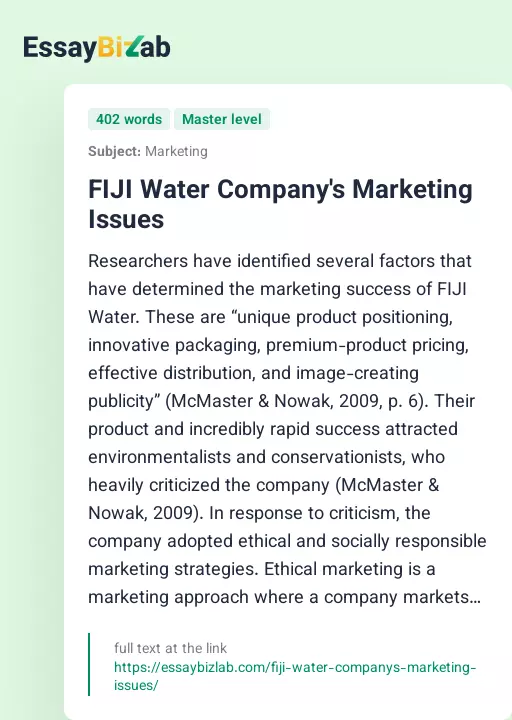 FIJI Water Company's Marketing Issues - Essay Preview