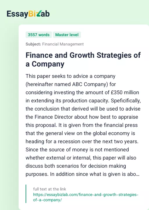 Finance and Growth Strategies of a Company - Essay Preview