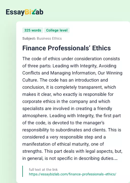 Finance Professionals’ Ethics - Essay Preview