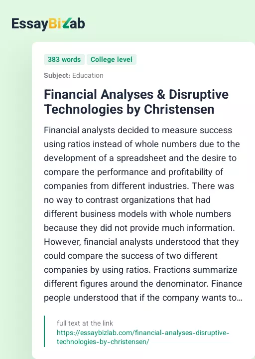 Financial Analyses & Disruptive Technologies by Christensen - Essay Preview