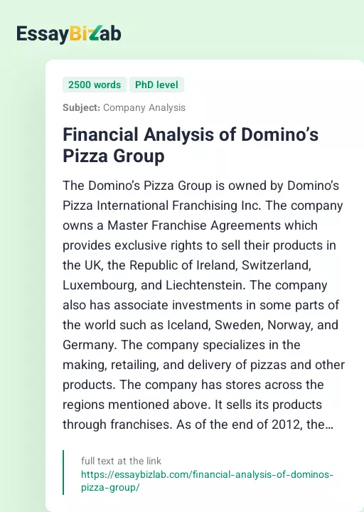 Financial Analysis of Domino’s Pizza Group - Essay Preview