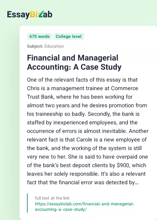 Financial and Managerial Accounting: A Case Study - Essay Preview