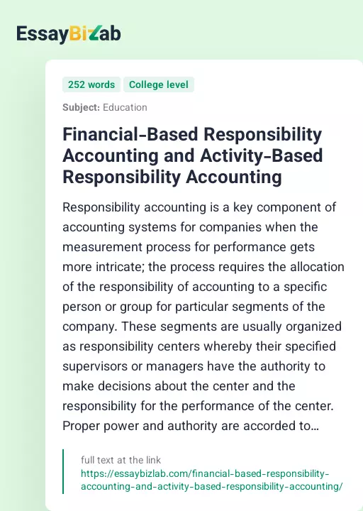 Financial-Based Responsibility Accounting and Activity-Based Responsibility Accounting - Essay Preview